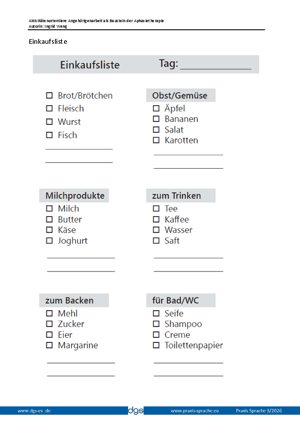 Erste Seite Einkaufsliste